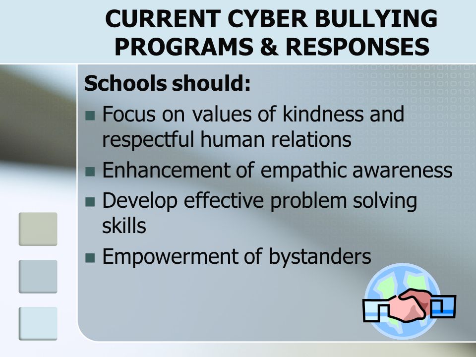 CURRENT CYBER BULLYING PROGRAMS & RESPONSES Comprehensive Plan (Willard, 2005) Schools  Policies concerning misuse of technology  Evaluate how staff is and can more effectively monitor Internet use Parents  Discuss cyber bullying  Supervise and increase effective monitoring of Internet use Since more adults supervise, more children will hide activities, strategies needed to change social norms in these on-line works, empower the victim with knowledge how to prevent & respond, & to discourage bullies from engaging in such activities.