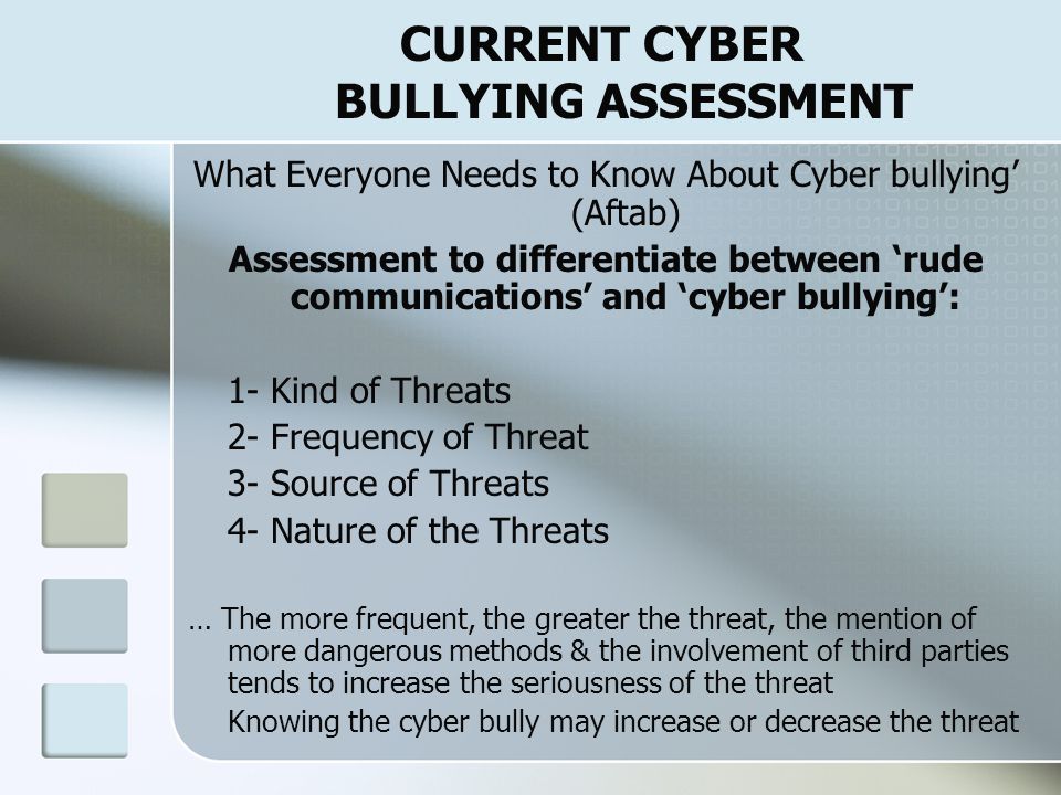 CURRENT CYBER BULLYING PROGRAMS & RESPONSES Schools should: Focus on values of kindness and respectful human relations Enhancement of empathic awareness Develop effective problem solving skills Empowerment of bystanders