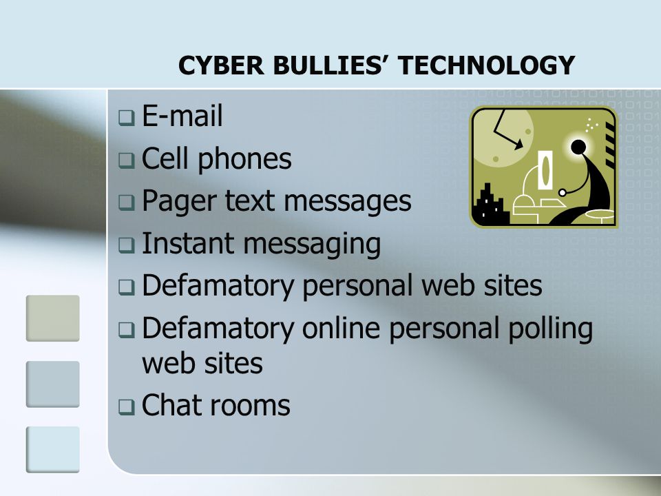 CYBER BULLYING IS… The use of electronic communication technologies to intentionally engage in repeated or widely disseminated acts of cruelty towards another that result in emotional harm Also known as: ‘Electronic Bullying’, Electronic Aggression & ‘Online Social Cruelty’ {Responding to the Challenge of Electronic Aggression, Nancy Willard}