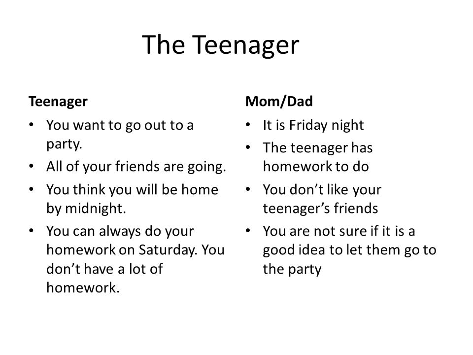 The Teenager Teenager You want to go out to a party.