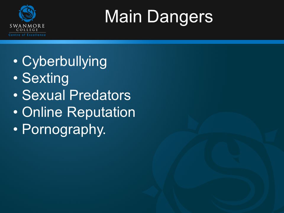Main Dangers Cyberbullying Sexting Sexual Predators Online Reputation Pornography.