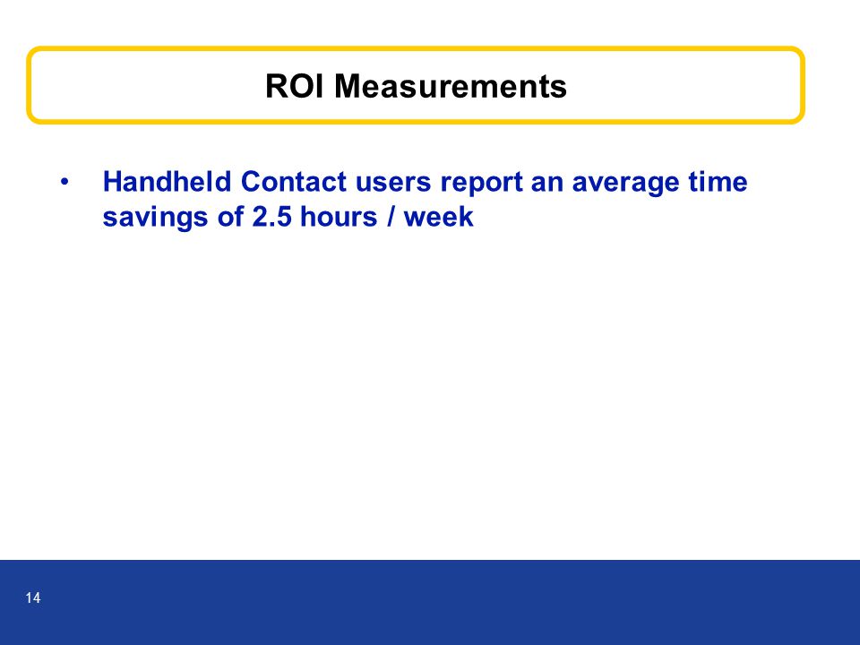 14 ROI Measurements Handheld Contact users report an average time savings of 2.5 hours / week