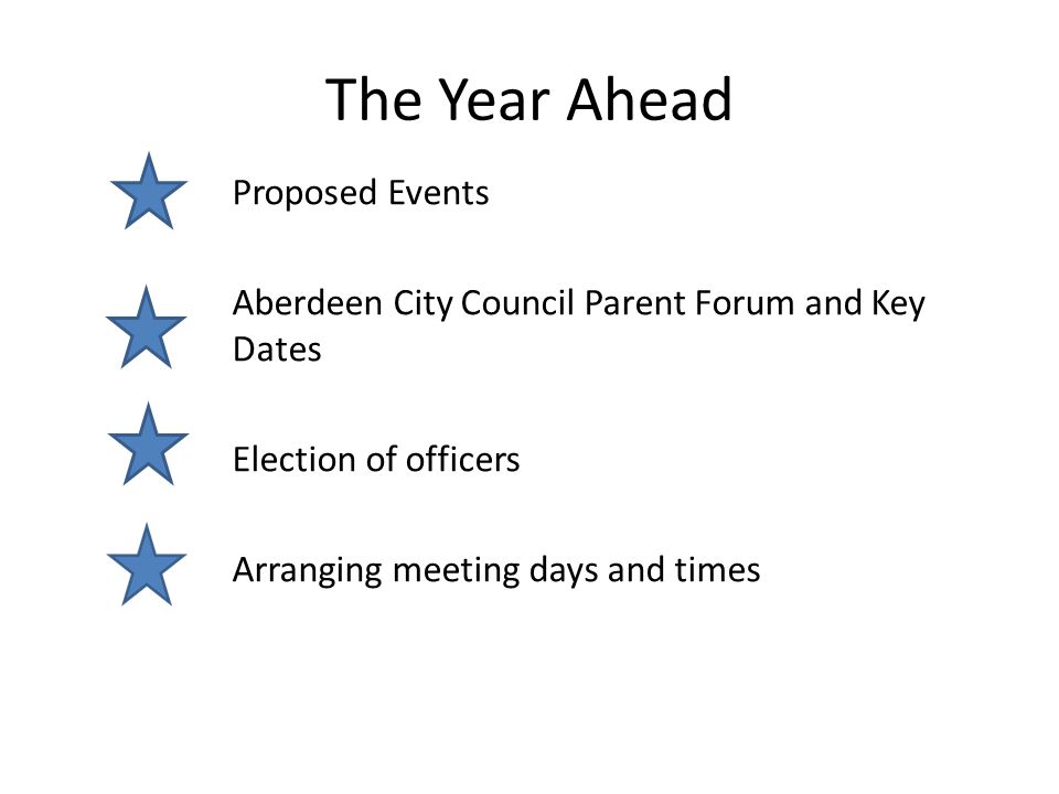 The Year Ahead Proposed Events Aberdeen City Council Parent Forum and Key Dates Election of officers Arranging meeting days and times