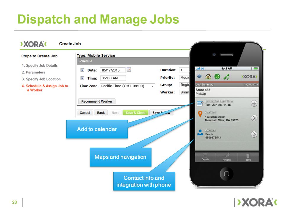 Dispatch and Manage Jobs 28 Add to calendar Maps and navigation Contact info and integration with phone