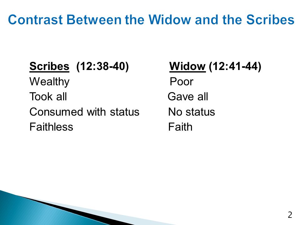 Scribes (12:38-40) Widow (12:41-44) Wealthy Poor Took all Gave all Consumed with status No status Faithless Faith 2