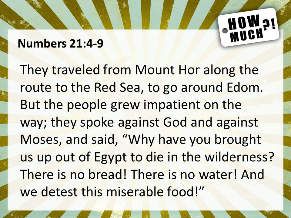 Numbers 21:4-9 They traveled from Mount Hor along the route to the Red Sea, to go around Edom.