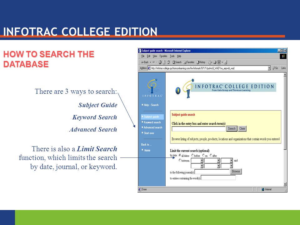 HOW TO SEARCH THE DATABASE There are 3 ways to search: Subject Guide Keyword Search Advanced Search There is also a Limit Search function, which limits the search by date, journal, or keyword.