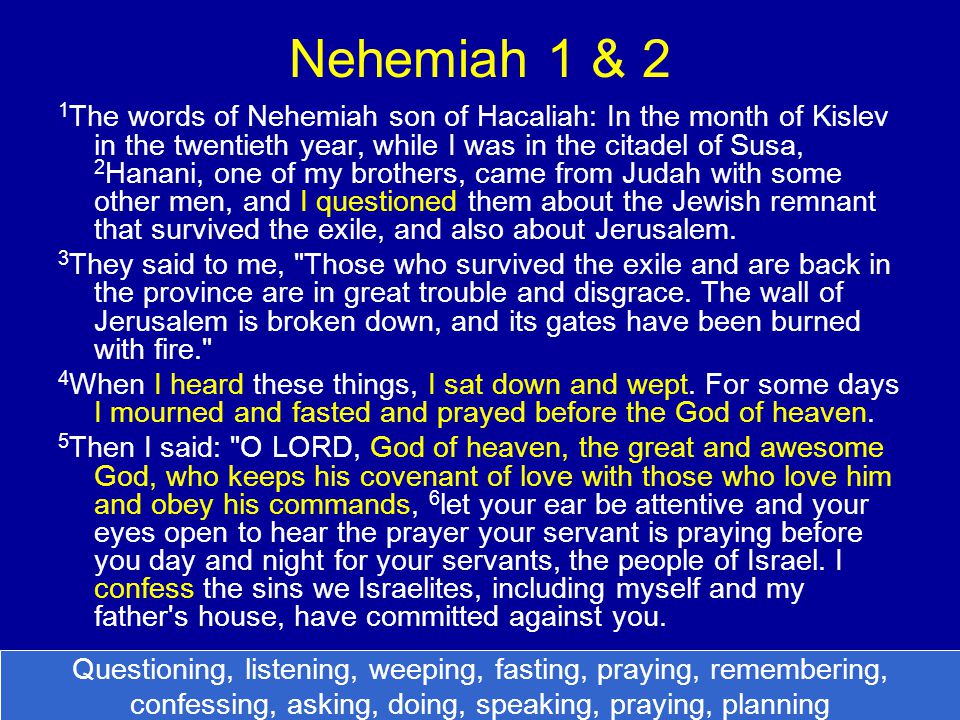 Nehemiah 1 & 2 1 The words of Nehemiah son of Hacaliah: In the month of Kislev in the twentieth year, while I was in the citadel of Susa, 2 Hanani, one of my brothers, came from Judah with some other men, and I questioned them about the Jewish remnant that survived the exile, and also about Jerusalem.