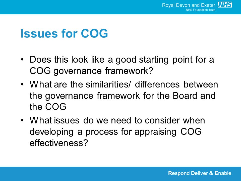 Respond Deliver & Enable Issues for COG Does this look like a good starting point for a COG governance framework.