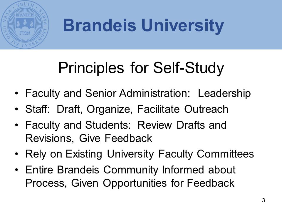 3 Principles for Self-Study Faculty and Senior Administration: Leadership Staff: Draft, Organize, Facilitate Outreach Faculty and Students: Review Drafts and Revisions, Give Feedback Rely on Existing University Faculty Committees Entire Brandeis Community Informed about Process, Given Opportunities for Feedback Brandeis University