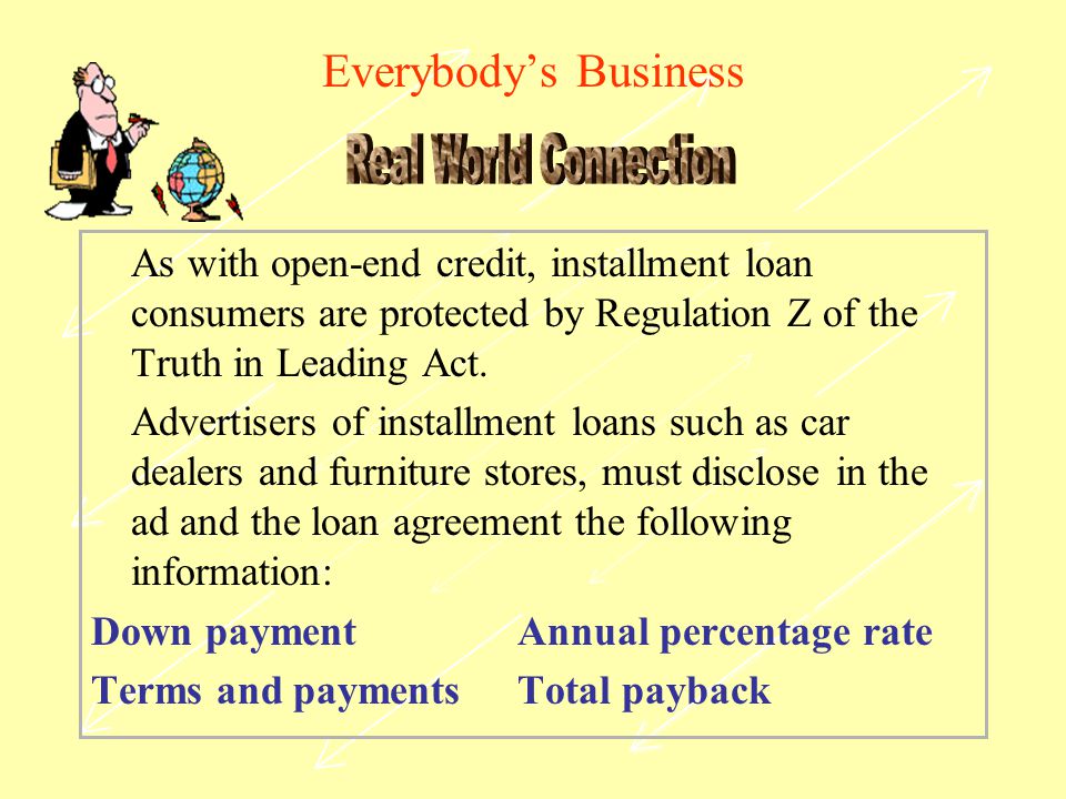 Everybody’s Business As with open-end credit, installment loan consumers are protected by Regulation Z of the Truth in Leading Act.