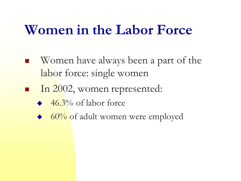Women in the Labor Force Women have always been a part of the labor force: single women In 2002, women represented:  46.3% of labor force  60% of adult women were employed