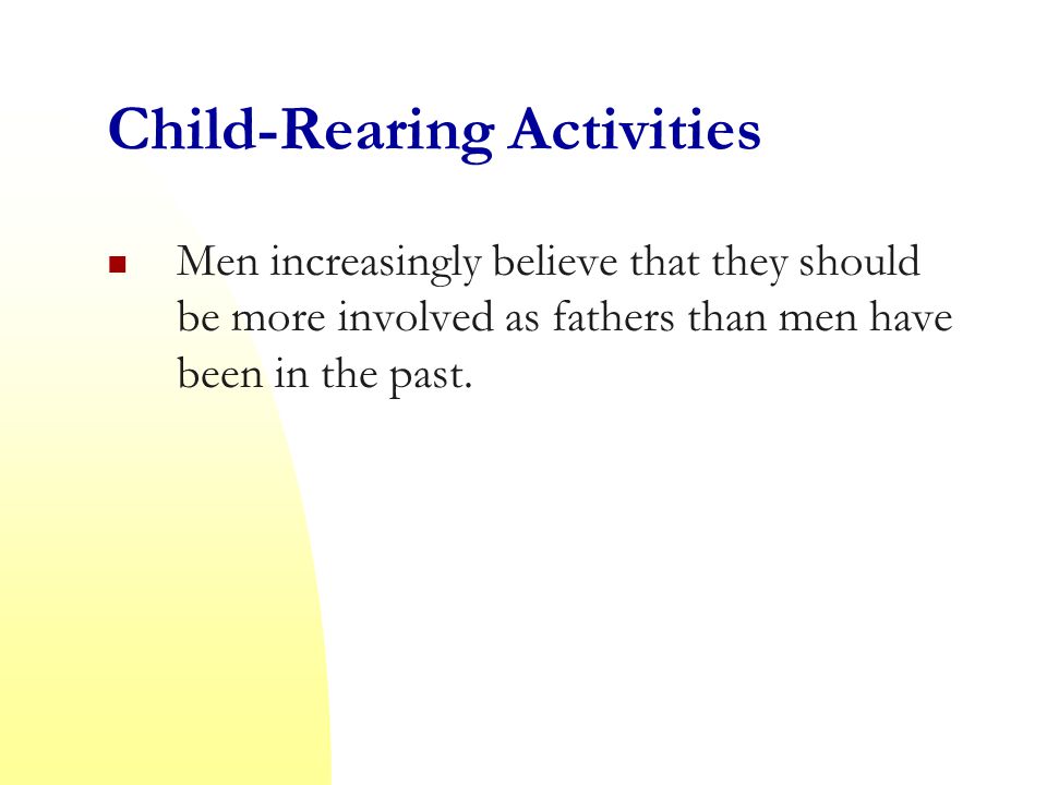 Child-Rearing Activities Men increasingly believe that they should be more involved as fathers than men have been in the past.