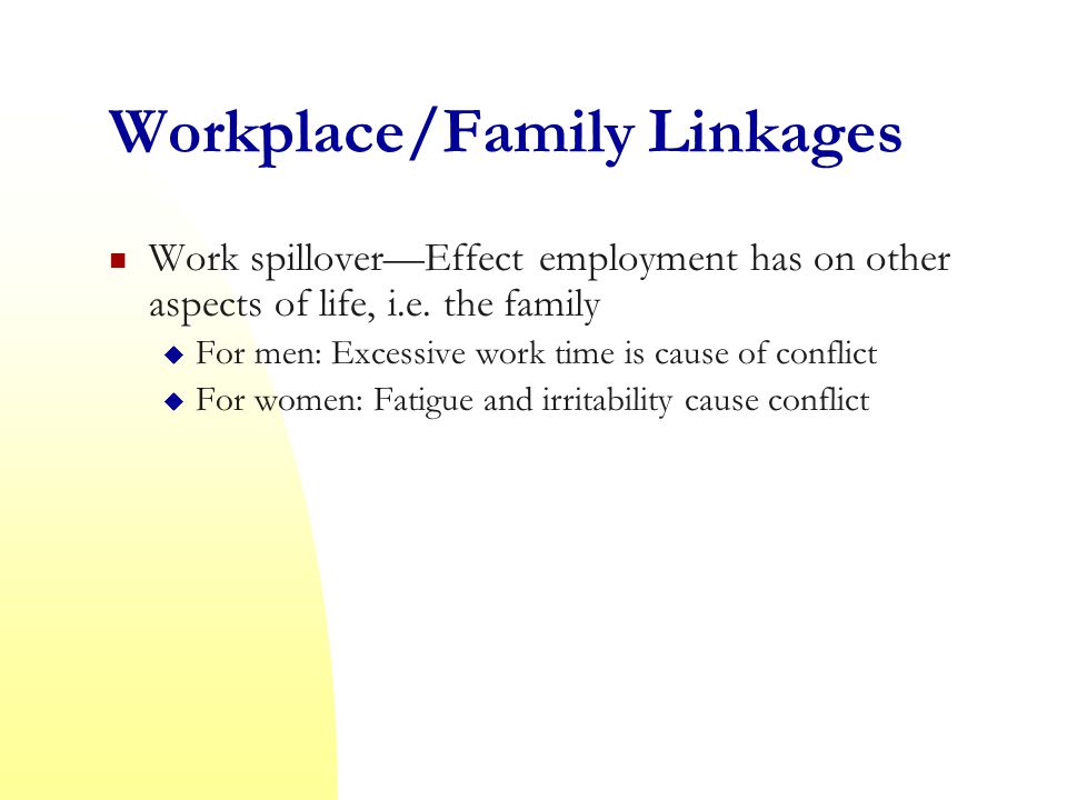 Workplace/Family Linkages Work spillover—Effect employment has on other aspects of life, i.e.