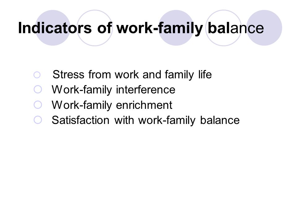 Indicators of work-family balance  Stress from work and family life  Work-family interference  Work-family enrichment  Satisfaction with work-family balance