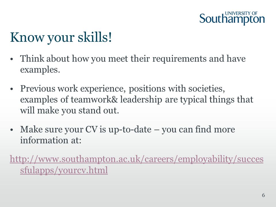 Know your skills. Think about how you meet their requirements and have examples.