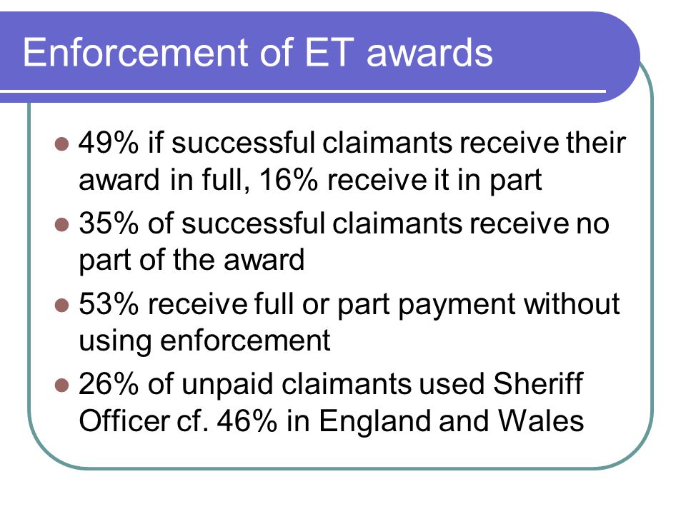 Enforcement of ET awards 49% if successful claimants receive their award in full, 16% receive it in part 35% of successful claimants receive no part of the award 53% receive full or part payment without using enforcement 26% of unpaid claimants used Sheriff Officer cf.