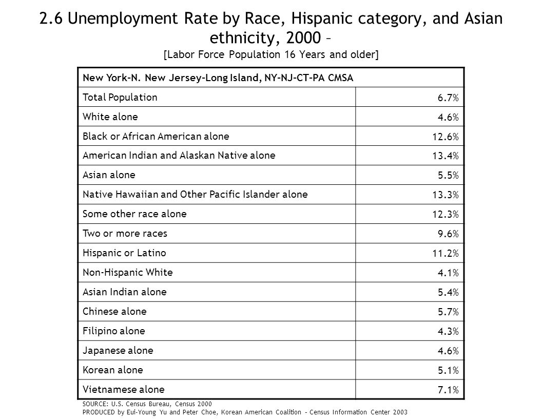 2.6 Unemployment Rate by Race, Hispanic category, and Asian ethnicity, 2000 – [Labor Force Population 16 Years and older] New York-N.