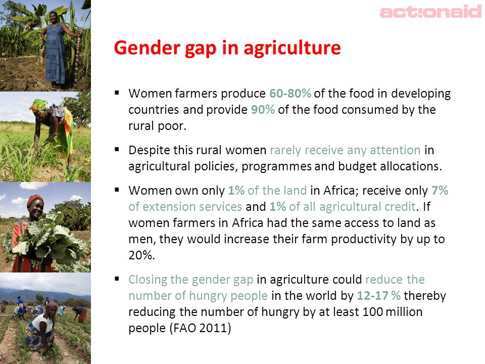 Gender gap in agriculture  Women farmers produce 60-80% of the food in developing countries and provide 90% of the food consumed by the rural poor.