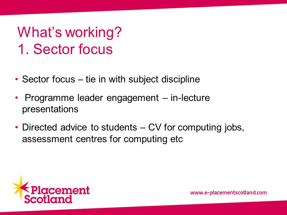 Sector focus – tie in with subject discipline Programme leader engagement – in-lecture presentations Directed advice to students – CV for computing jobs, assessment centres for computing etc What’s working.