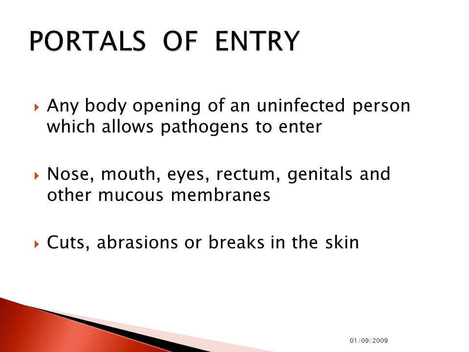  Any body opening of an uninfected person which allows pathogens to enter  Nose, mouth, eyes, rectum, genitals and other mucous membranes  Cuts, abrasions or breaks in the skin 01/09/2009