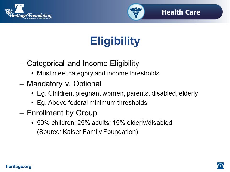 4 Eligibility –Categorical and Income Eligibility Must meet category and income thresholds –Mandatory v.