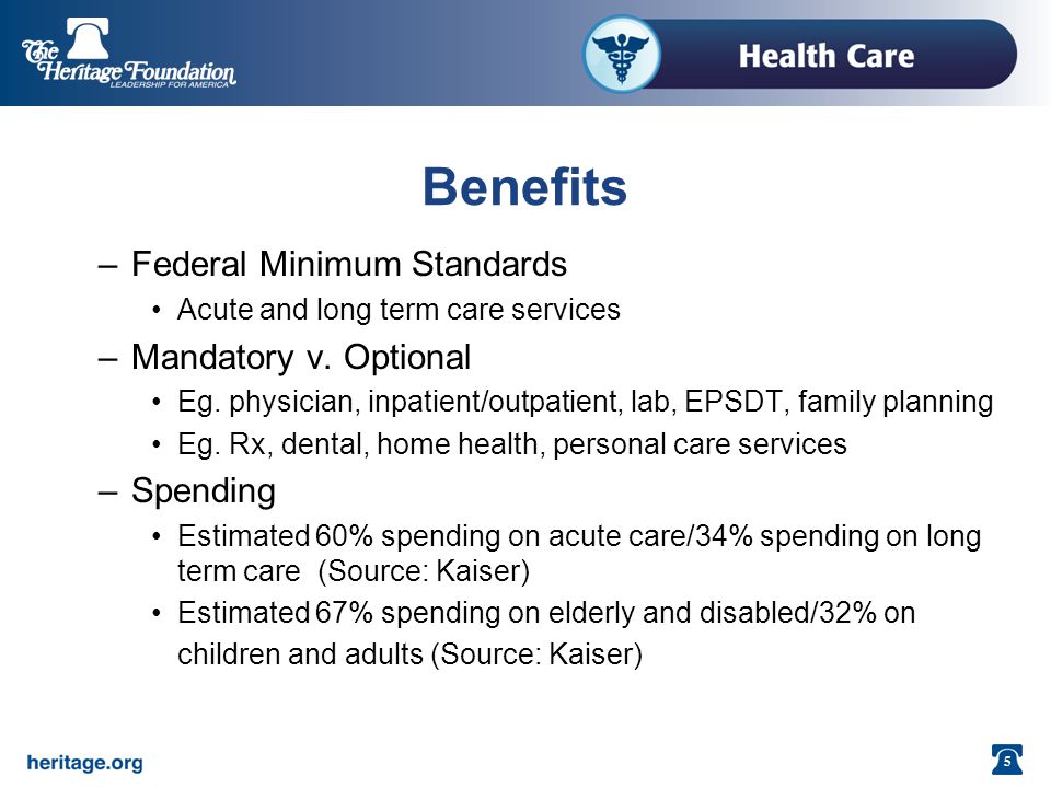 5 Benefits –Federal Minimum Standards Acute and long term care services –Mandatory v.