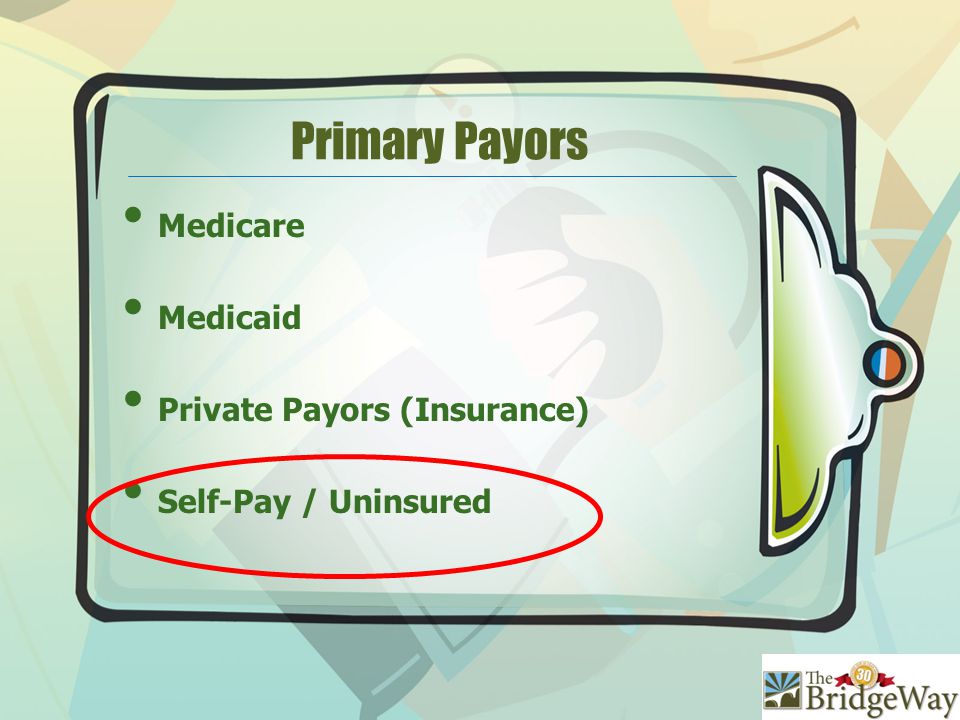Primary Payors Medicare Medicaid Private Payors (Insurance) Self-Pay / Uninsured