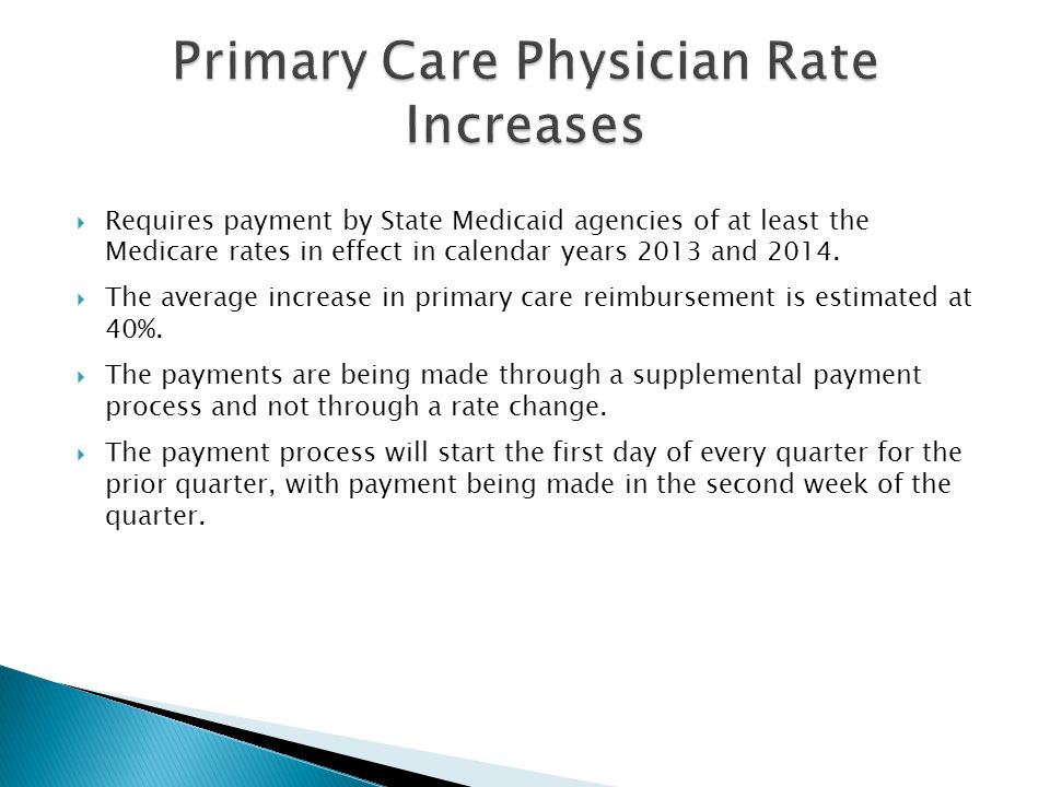  Requires payment by State Medicaid agencies of at least the Medicare rates in effect in calendar years 2013 and 2014.