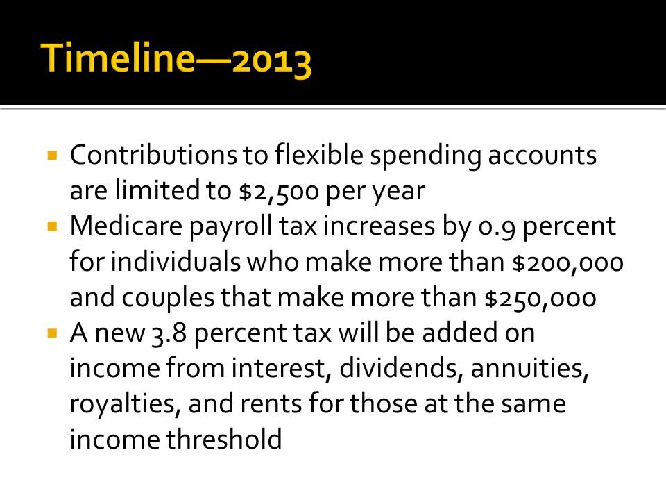  Contributions to flexible spending accounts are limited to $2,500 per year  Medicare payroll tax increases by 0.9 percent for individuals who make more than $200,000 and couples that make more than $250,ooo  A new 3.8 percent tax will be added on income from interest, dividends, annuities, royalties, and rents for those at the same income threshold