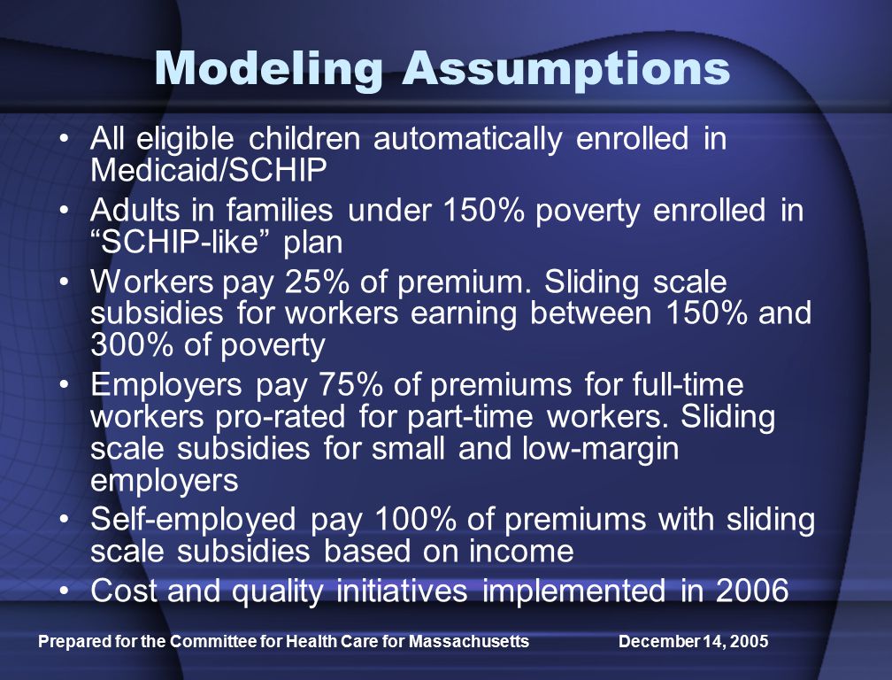 Prepared for the Committee for Health Care for Massachusetts December 14, 2005 Modeling Assumptions All eligible children automatically enrolled in Medicaid/SCHIP Adults in families under 150% poverty enrolled in SCHIP-like plan Workers pay 25% of premium.