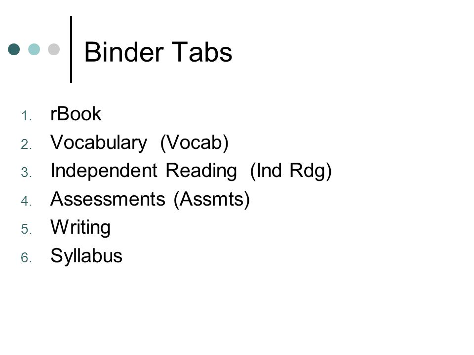 Binder Tabs 1. rBook 2. Vocabulary (Vocab) 3. Independent Reading (Ind Rdg) 4.