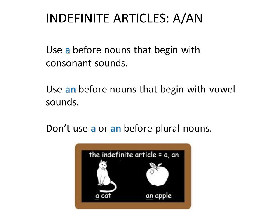 INDEFINITE ARTICLES: A/AN a Use a before nouns that begin with consonant sounds.
