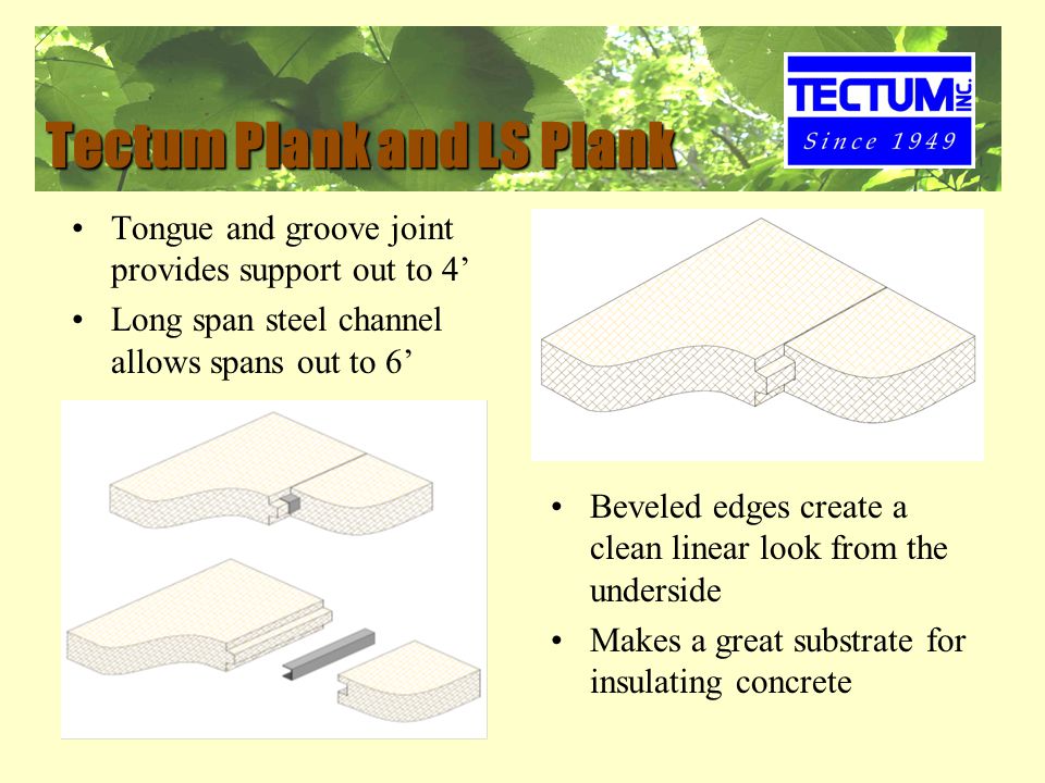 Tectum Plank and LS Plank Tongue and groove joint provides support out to 4’ Long span steel channel allows spans out to 6’ Beveled edges create a clean linear look from the underside Makes a great substrate for insulating concrete