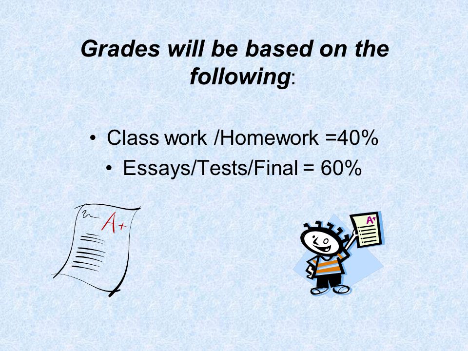 Grades will be based on the following : Class work /Homework =40% Essays/Tests/Final = 60%