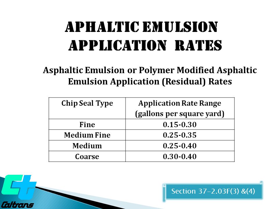 Chip Seal Type Application Rate Range (gallons per square yard) Fine Medium Fine Medium Coarse Asphaltic Emulsion or Polymer Modified Asphaltic Emulsion Application (Residual) Rates Section F(3) &(4) APHALTIC EMULSION APPLICATION RATES