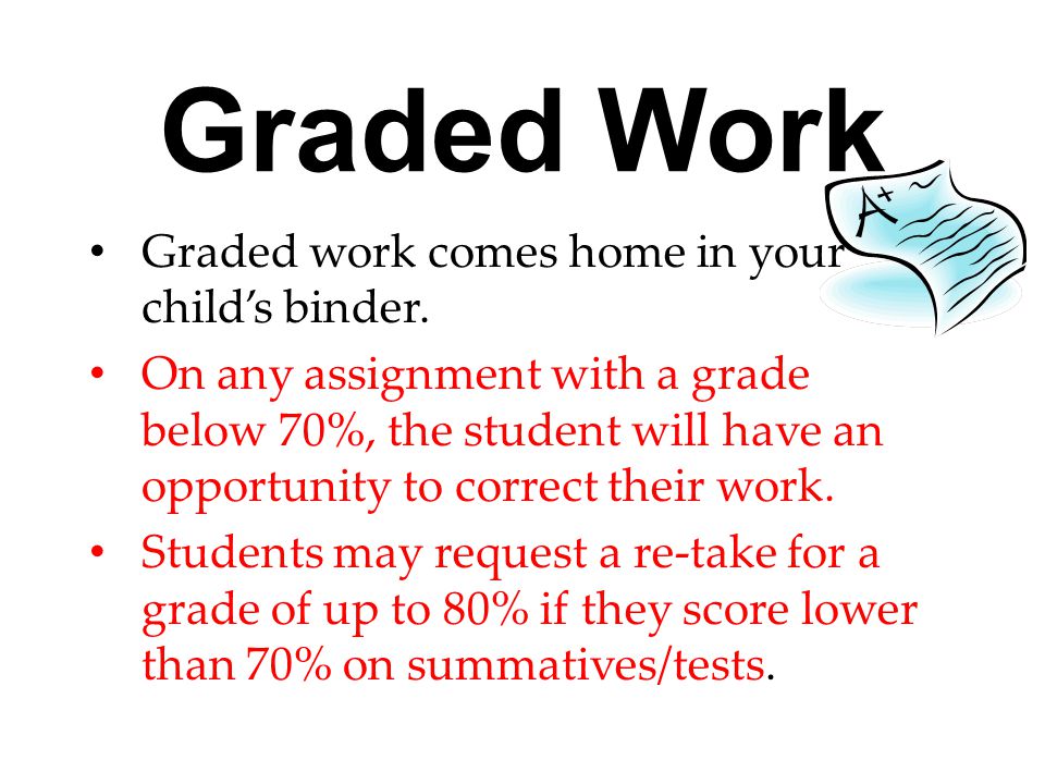 Graded Work Graded work comes home in your child’s binder.