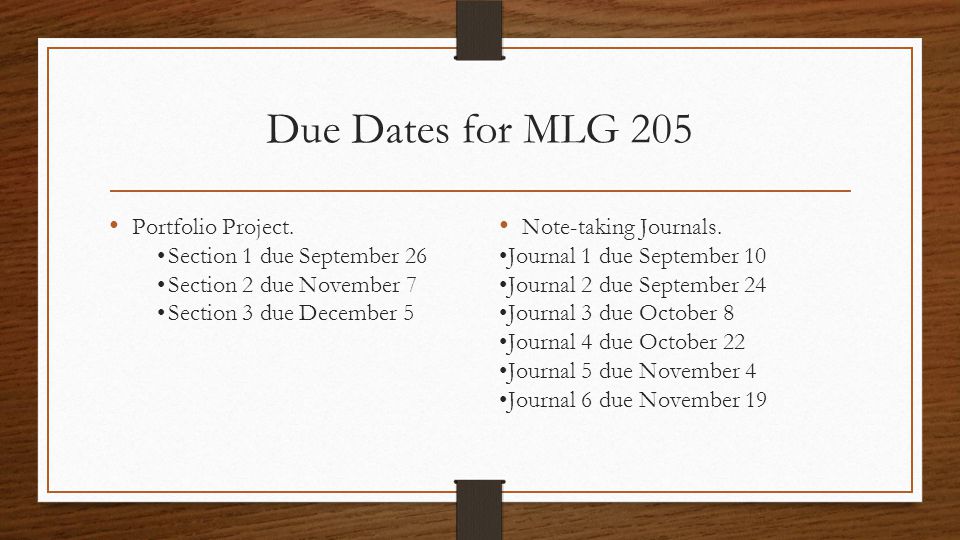 Due Dates for MLG 205 Portfolio Project.