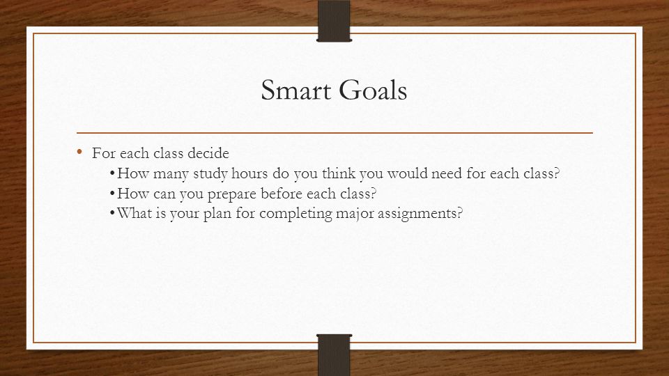 Smart Goals For each class decide How many study hours do you think you would need for each class.