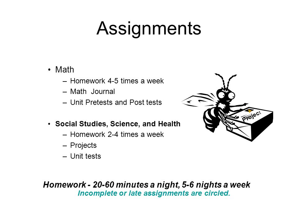 Assignments Math –Homework 4-5 times a week –Math Journal –Unit Pretests and Post tests Social Studies, Science, and Health –Homework 2-4 times a week –Projects –Unit tests Projec t A Homework minutes a night, 5-6 nights a week Incomplete or late assignments are circled.