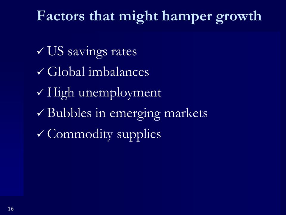16 Factors that might hamper growth US savings rates Global imbalances High unemployment Bubbles in emerging markets Commodity supplies