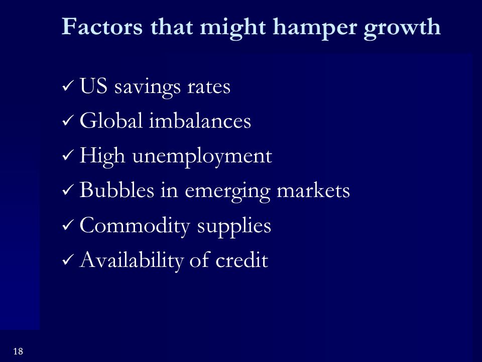18 Factors that might hamper growth US savings rates Global imbalances High unemployment Bubbles in emerging markets Commodity supplies Availability of credit