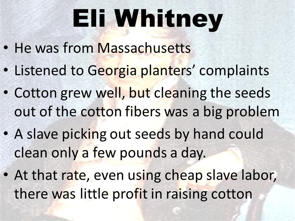 Eli Whitney He was from Massachusetts Listened to Georgia planters’ complaints Cotton grew well, but cleaning the seeds out of the cotton fibers was a big problem A slave picking out seeds by hand could clean only a few pounds a day.