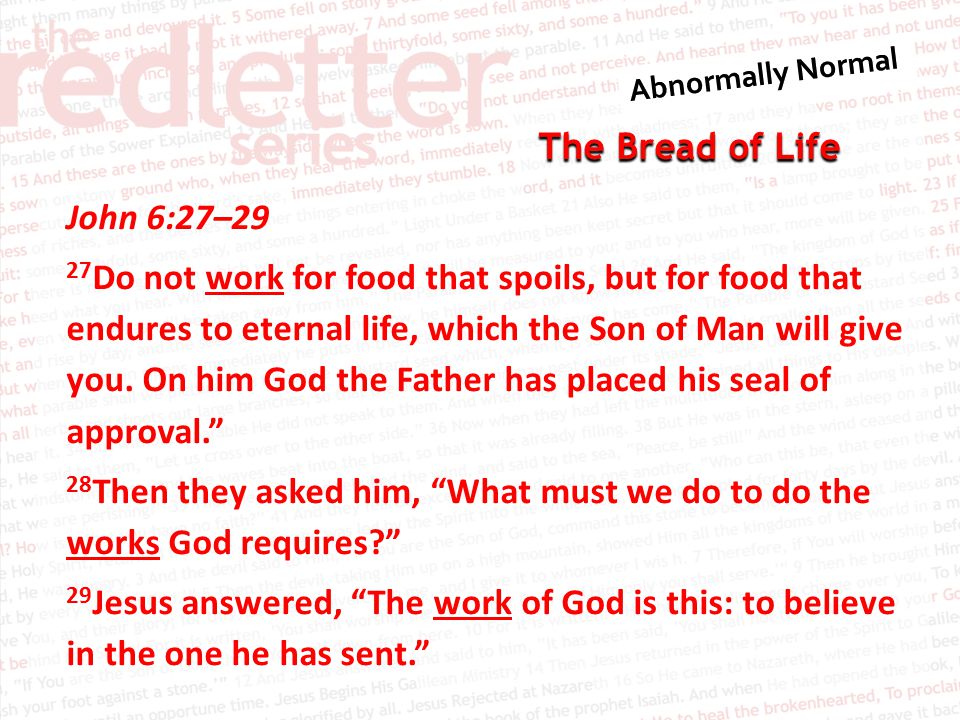 The Bread of Life John 6:27–29 27 Do not work for food that spoils, but for food that endures to eternal life, which the Son of Man will give you.