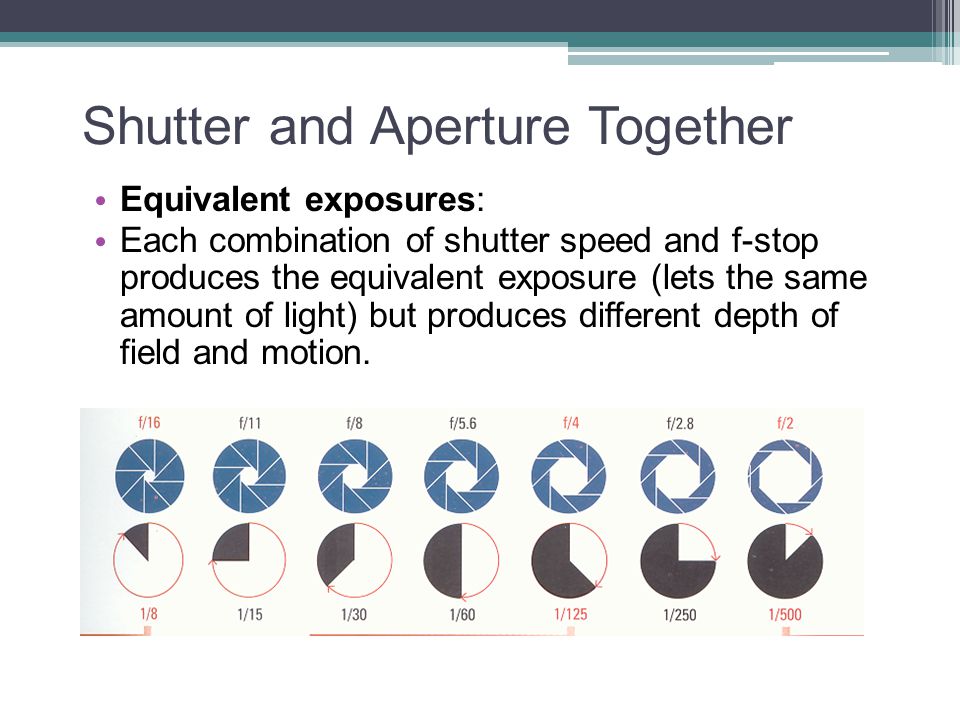 Shutter and Aperture Together Equivalent exposures: Each combination of shutter speed and f-stop produces the equivalent exposure (lets the same amount of light) but produces different depth of field and motion.
