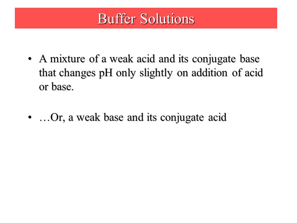 Buffer Solutions A mixture of a weak acid and its conjugate base that changes pH only slightly on addition of acid or base.A mixture of a weak acid and its conjugate base that changes pH only slightly on addition of acid or base.