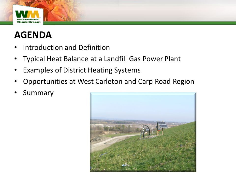 AGENDA Introduction and Definition Typical Heat Balance at a Landfill Gas Power Plant Examples of District Heating Systems Opportunities at West Carleton and Carp Road Region Summary