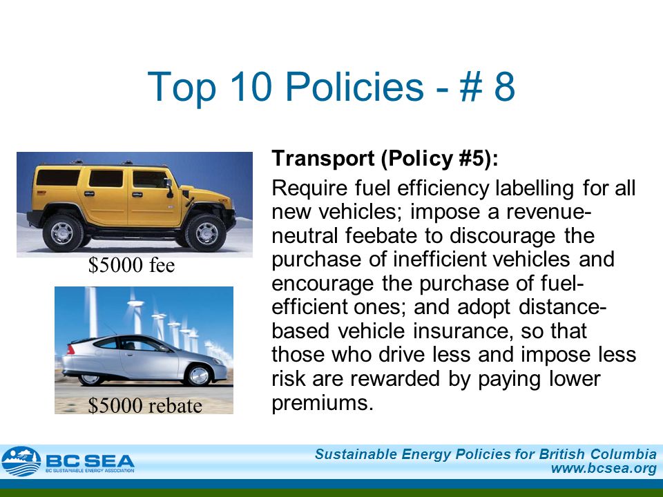 Sustainable Energy Policies for British Columbia   Top 10 Policies - # 8 Transport (Policy #5): Require fuel efficiency labelling for all new vehicles; impose a revenue- neutral feebate to discourage the purchase of inefficient vehicles and encourage the purchase of fuel- efficient ones; and adopt distance- based vehicle insurance, so that those who drive less and impose less risk are rewarded by paying lower premiums.