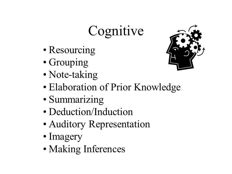 Cognitive Resourcing Grouping Note-taking Elaboration of Prior Knowledge Summarizing Deduction/Induction Auditory Representation Imagery Making Inferences