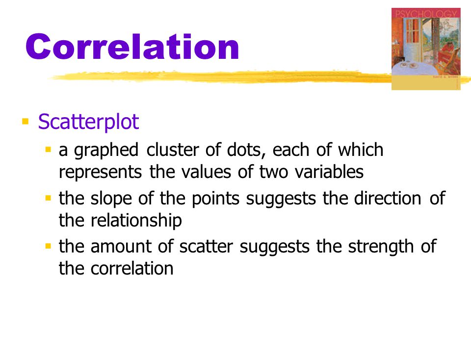 Correlation  Scatterplot  a graphed cluster of dots, each of which represents the values of two variables  the slope of the points suggests the direction of the relationship  the amount of scatter suggests the strength of the correlation
